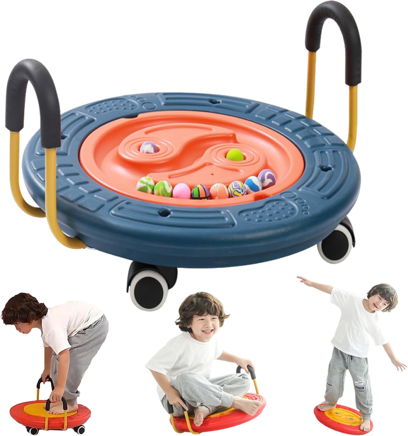 4-in-1 Wobble Board for Kids, Labyrinth Balance Board with 5 Balls, Scooter Board with Handles, Plastic Rocker Board Sensory Balance Wobble Disk for Kids Age 3-9, Toddler Physical Therapy Toy,Blue