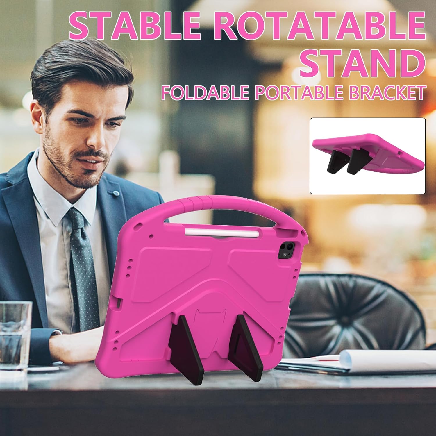 Generic for iPad Air 13-inch (M2) 2024 Kids Tablet Case,[Built-in Pencil Holder] EVA Kid Friendly Shockproof Protective Cover W Handle Stand+Shoulder Strap (Rose Red)