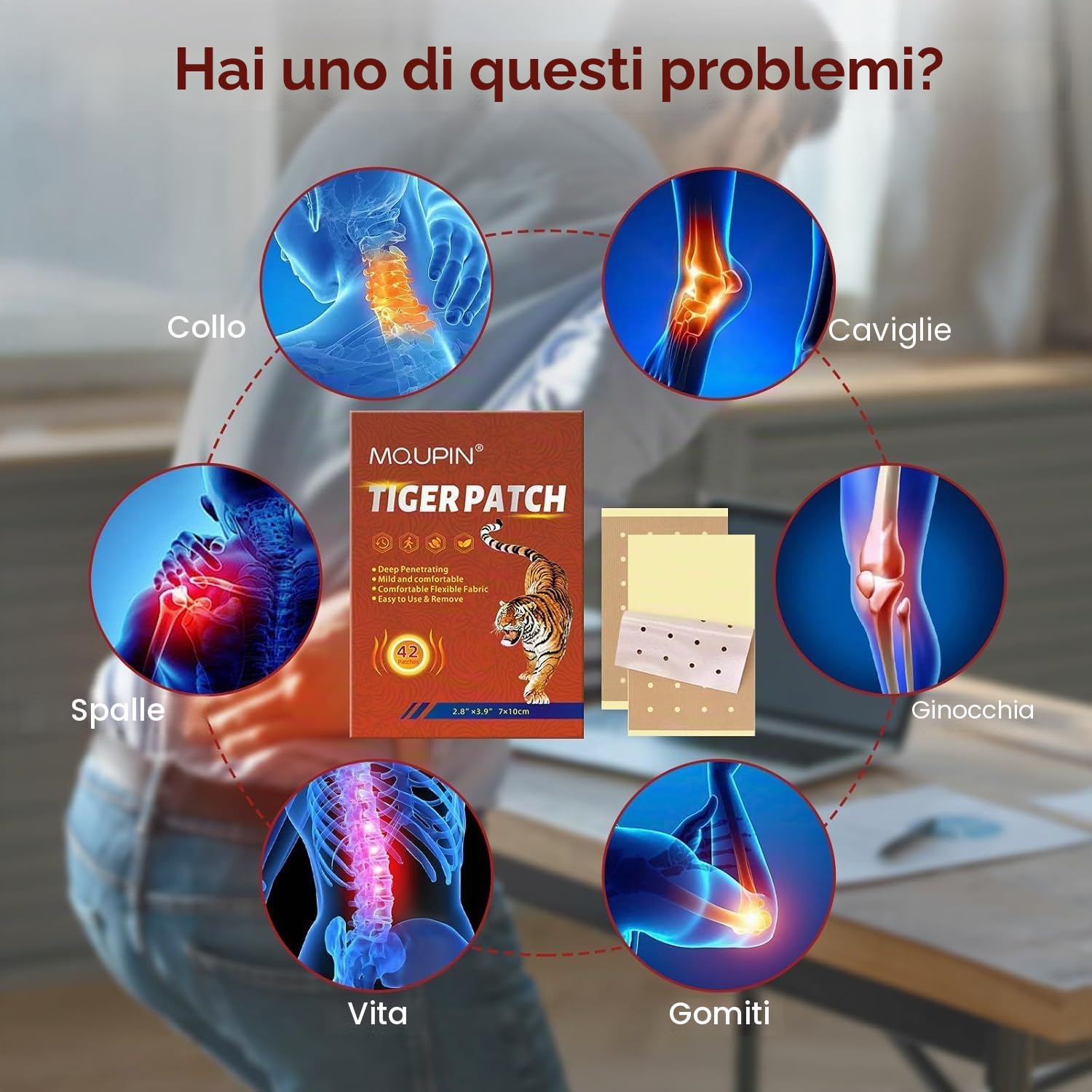 MQUPIN Pain Relief Patches, 42 Cerotti Ginocchio Impacchi di calore naturale a base di erbe per alleviare il dolore alla schiena, al ginocchio, al collo e alla spalla, 12 ore di lunga durata