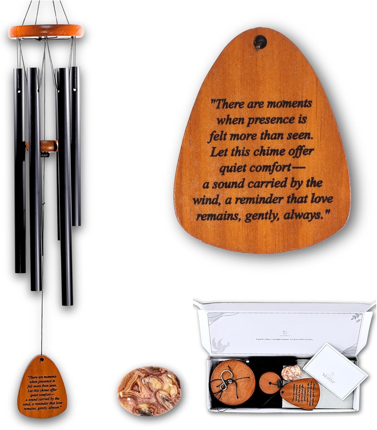 Memorial Wind Chimes for Outside - 28 in. Sympathy Wind Chime Gift with Keepsake Stone & Message Card, Calming Tone, Wood Mute Damper, Garden Porch Patio Decor