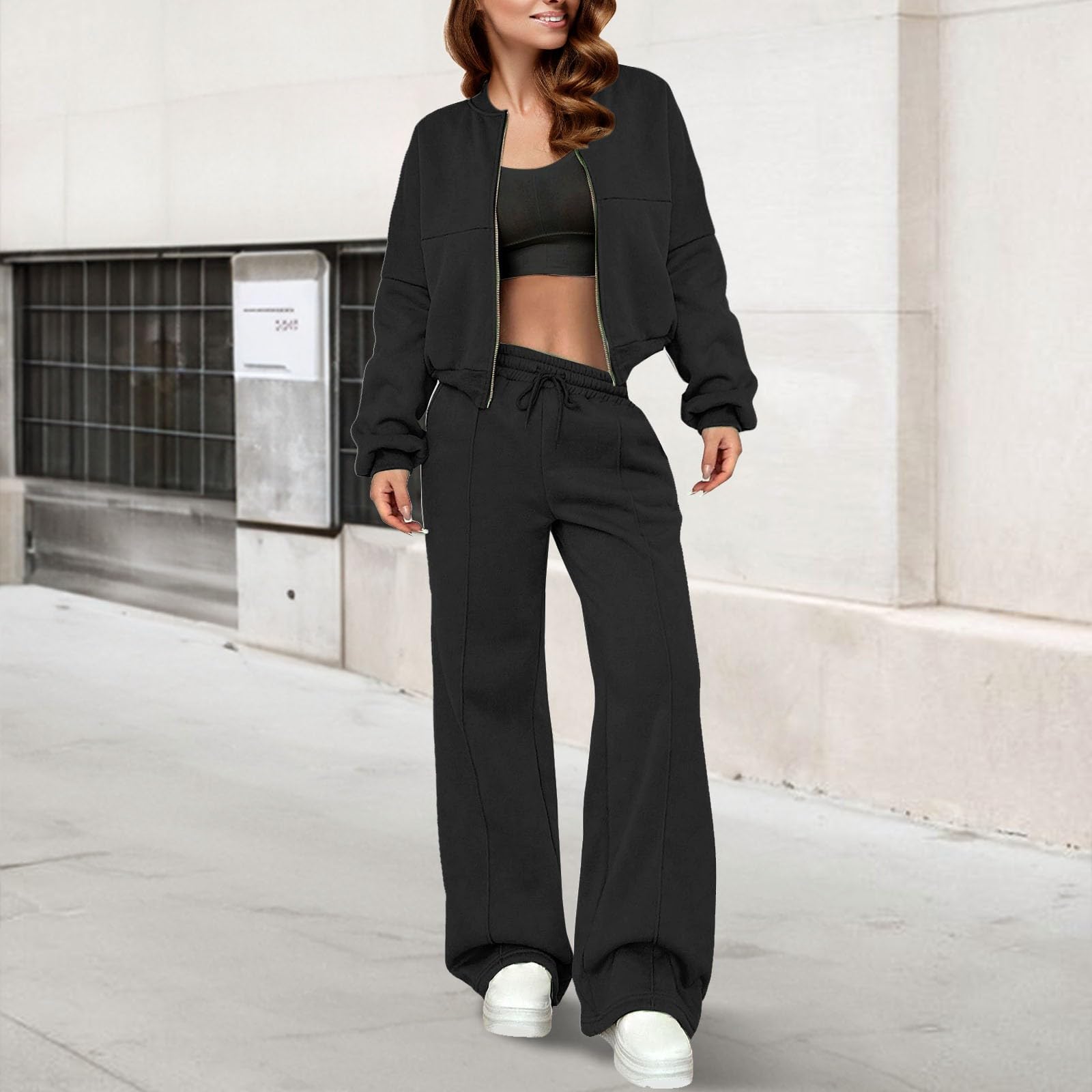 Tuta sportiva da donna con cerniera, stile casual, alla moda | Tuta da palestra a maniche lunghe, giacca bomber corta e pantaloni larghi, due pezzi, tuta sportiva per l'autunno