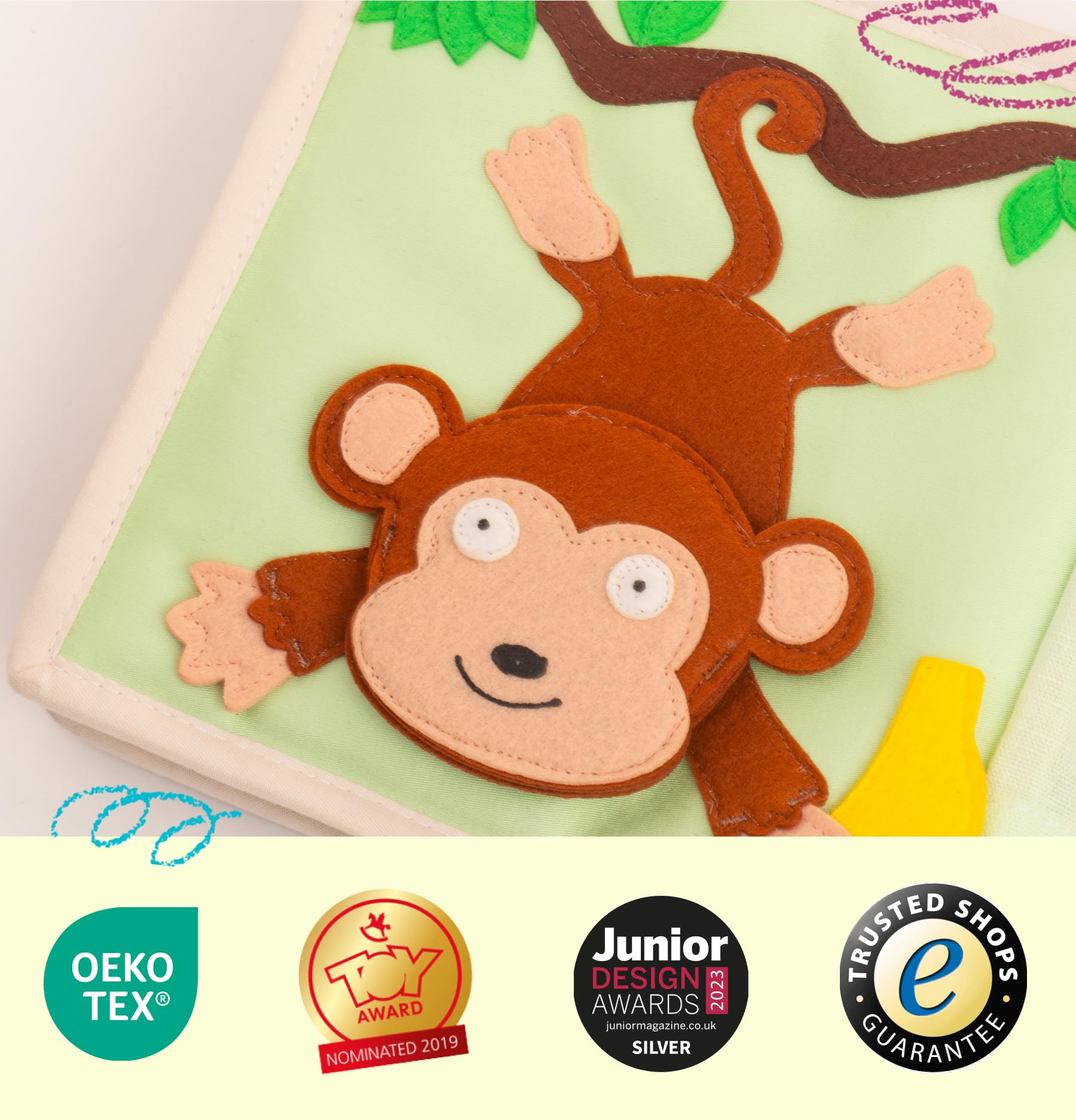 Jolly Designs Mini Quiet Book Les Amis des Animaux – Jouet Montessori dès 12 Mois – Livre sensoriel & Livre Tissu pour Enfant – Book Fait Main avec 6 Pages d’activités – Jouet éducatif & de Voyage