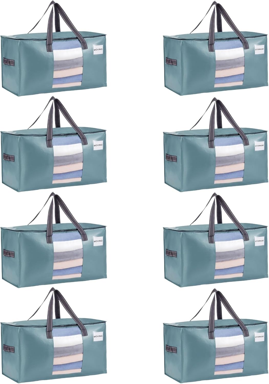 VENO 8 Pack Heavy Duty Moving Bags, Clothes and Comforter Storage Bags with Clear Window, College Dorm Essentials Packing Supplies, Foldable Boxes Alternative (Shiny Light Blue, 8 Pack)