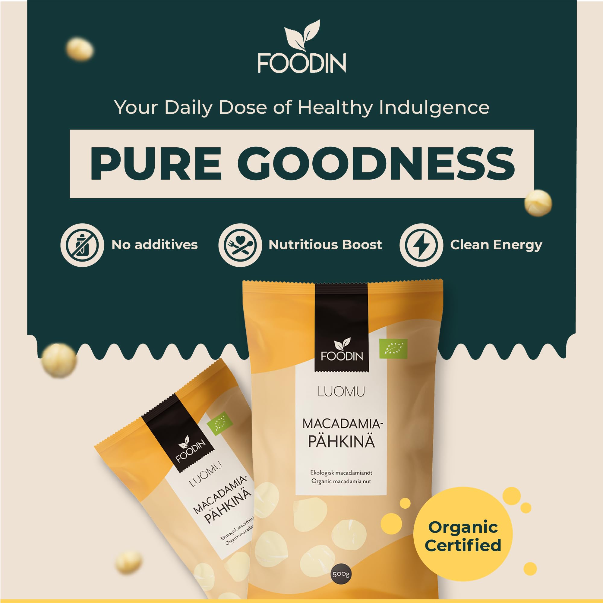 FOODIN Organiczne Orzechy Makadamia Całe 1kg, Orzechy Makadamia, Orzechy Makademia 100% Organiczne, Surowe Jedzenie i Tłuszcze Nienasycone, Najwyższej Jakości, Bezglutenowe i Wegańskie (2 x 500g)