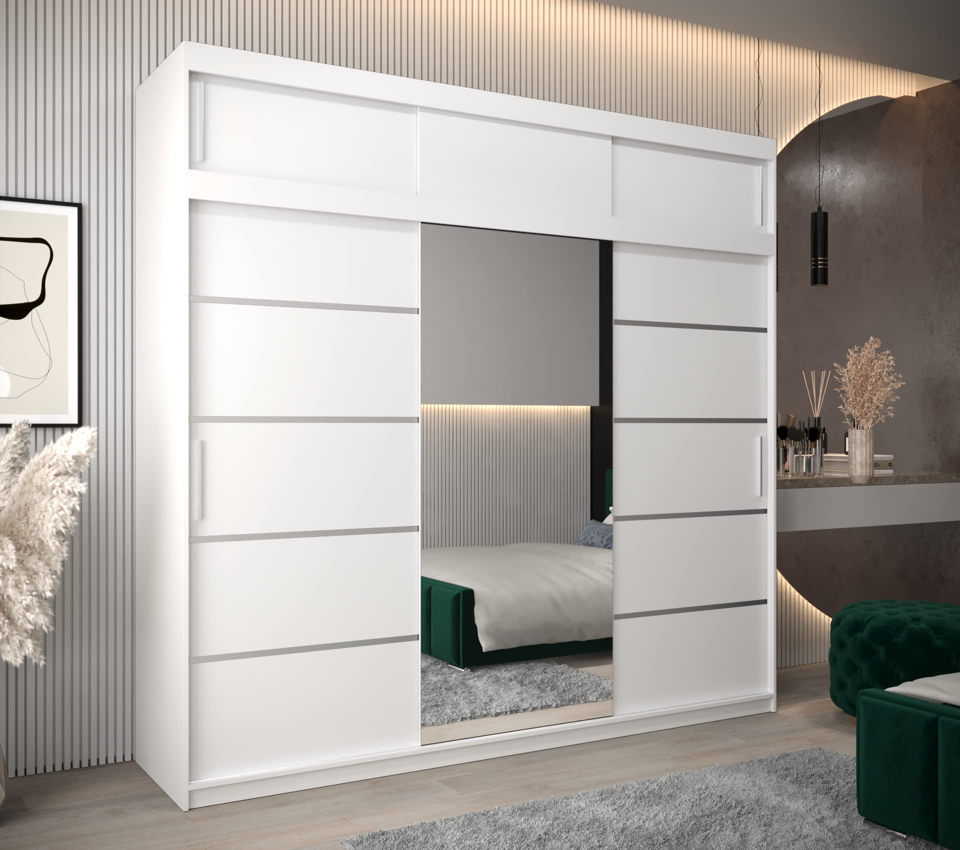 Armadio Scorrevole ABIKSMEBLE Verona 2 250 Cm - Bianco Opaco Con Specchio - 3 Ante, 250x240x62 Cm - Tanta Capienza