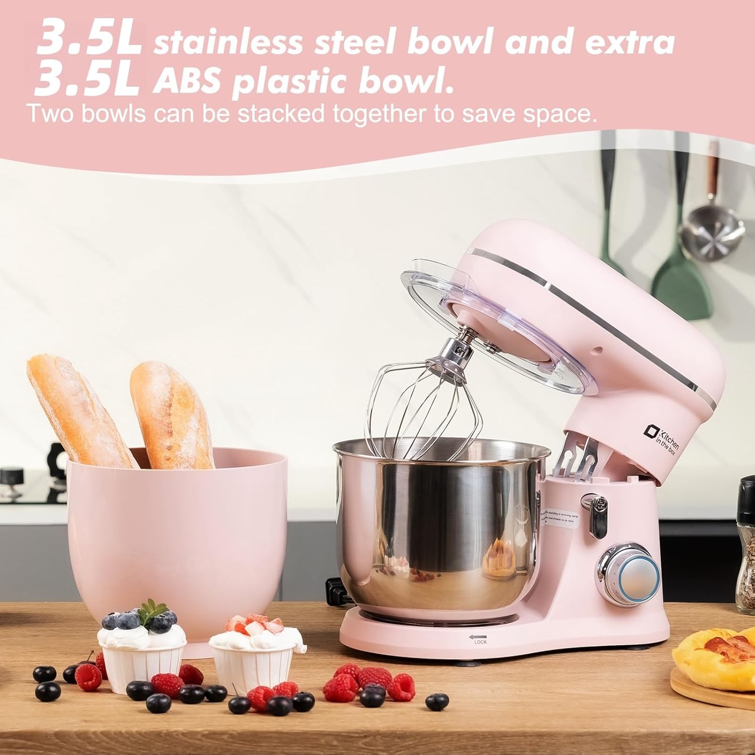 Kitchen in the box Small Stand Mixer, Mini Food Mixer for Baking with Two 3.5L Bowls, Dough Hook, Whisk, Beater, 10 Speed Settings Portable Lightweight for Daily Use (Rose Pink)