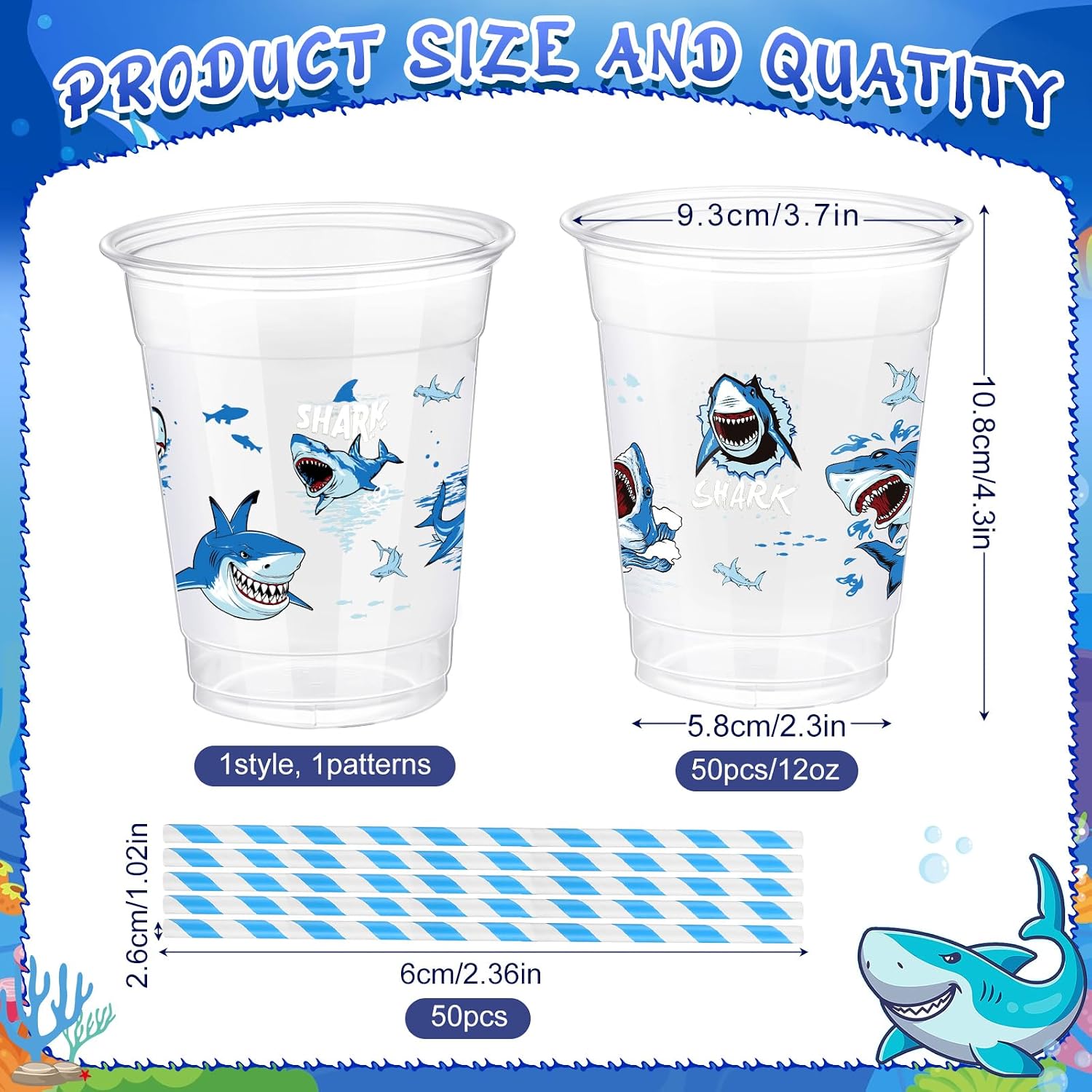 Sliner 50 Pcs Shark Party Plastic Cups with Straws 12 Oz Blue Shark Drinking Cups Sea Birthday Clear Glasses for Kitchen OceanTheme Baby Shower Party Supplies Decoration
