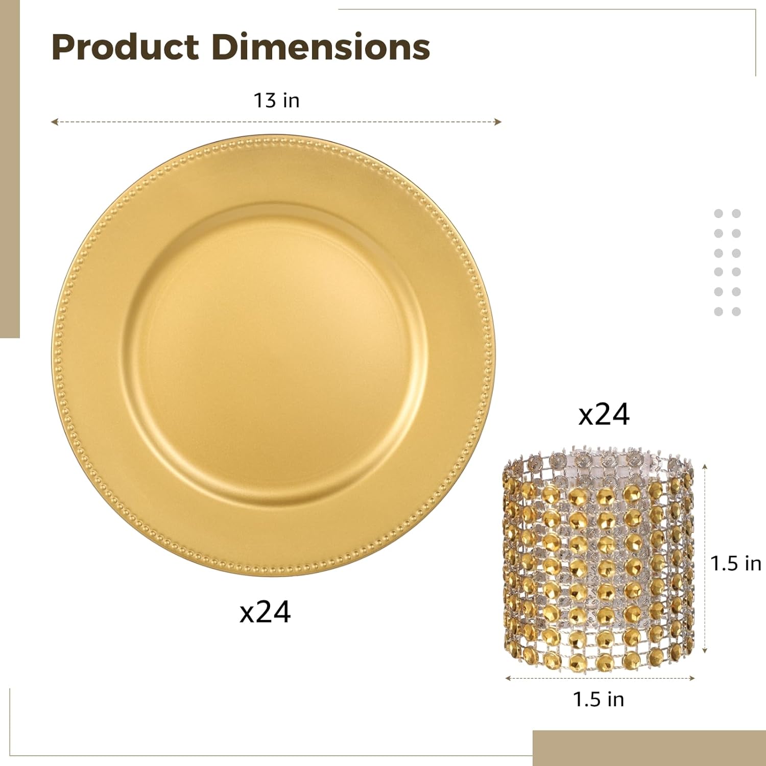 OMISTAR 48 Pcs Charger Plates and Napkin Rings Set, 24 Gold Plastic Charger Plates with 24 Napkin Rings, Decorative Tableware for Weddings and Banquets, Elegant Gold Metallic Finish