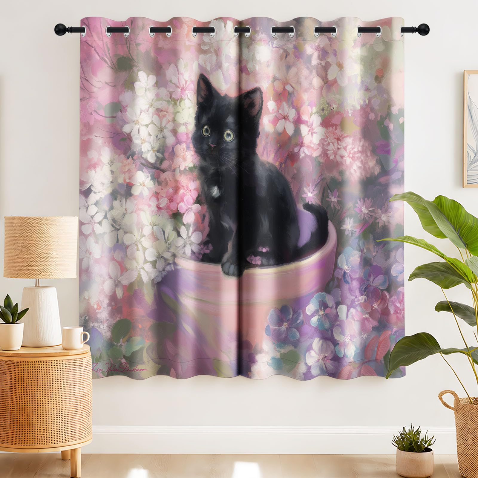 Generisch Cortinas térmicas para sala de estar, cortinas opacas japonesas lindas con ojales, diseño de gato y flores, cortinas opacas con aislamiento térmico para dormitorio, 215 x 140 cm (alto x