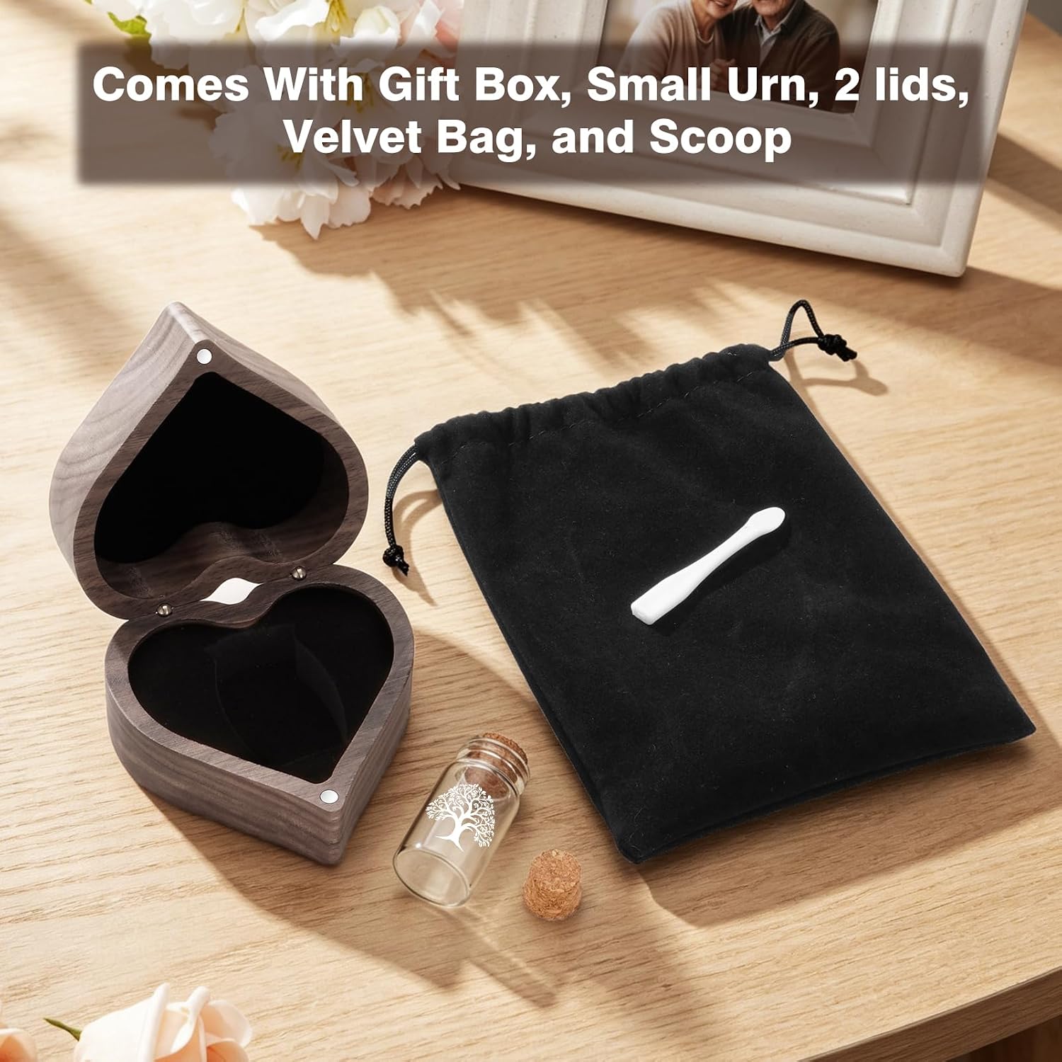 SOITIS Tiny Glass Urn with Wooden Heart Box Small Urns for Human Ashes Tree