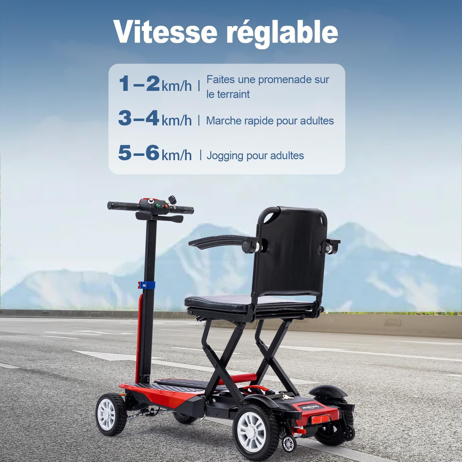 The Z01 mobility scooter on a road with text indicating adjustable speed settings: 1-2 km/h for strolling, 3-4 km/h for fast walking, and 5-6 km/h for jogging.