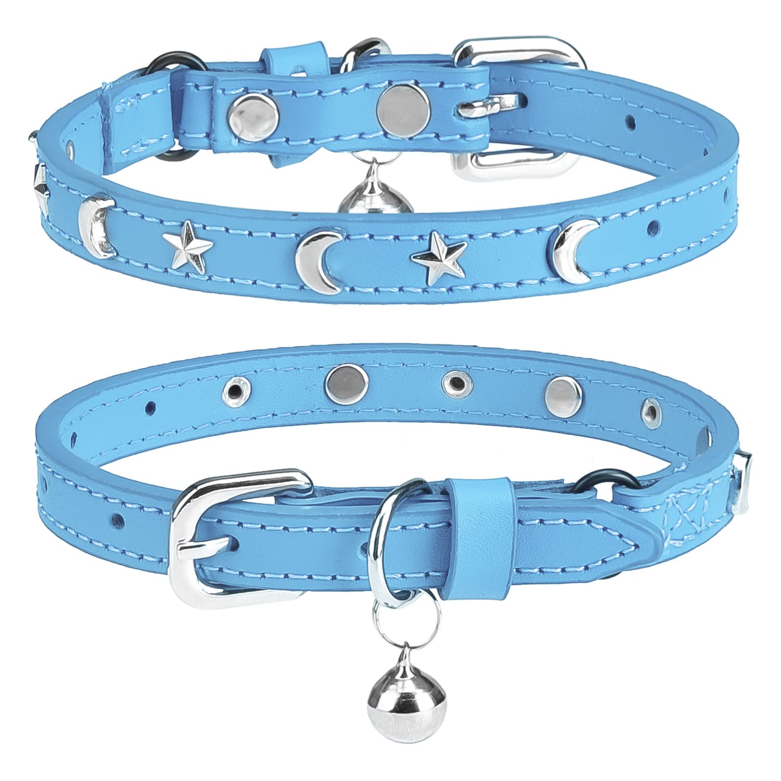 DILLYBUD Leather Cat Collars for Boy Girl Cats with Bell and Safety Elastic Belt