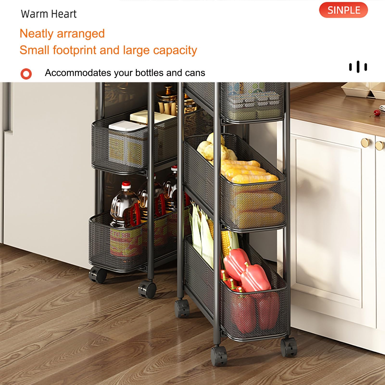 4-stöckiger hoher schmaler Aufbewahrungsschrank mit beweglichen Rädern, ausziehbarer Heim-Organizer, mobiles Regal, ausziehbar, ideal für Badezimmer, Küche, Wäsche, Aufbewahrung, Organisation