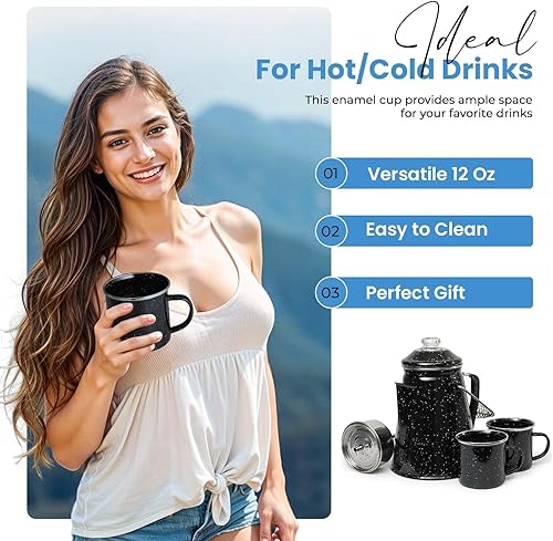 Miniatura 5 de Toughty Percolador de café esmaltado, cafetera para estufa para campamento, fuego abierto, parrilla o estufa, cafetera vintage, percolador de metal