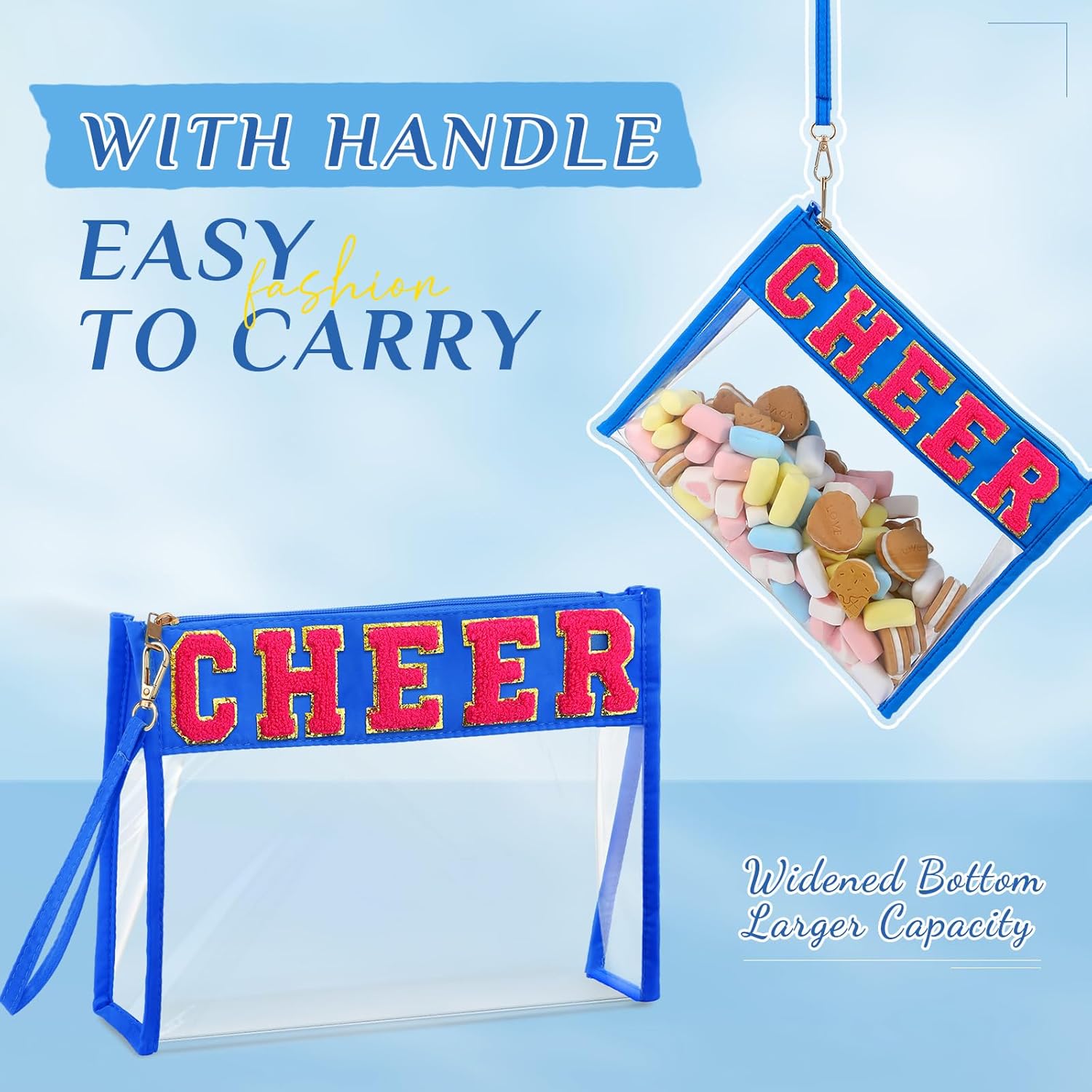 Remerry Clear Chenille Letter Makeup Bag Stand up Snack Bags Preppy Cosmetic Pouch Expandable Clear Travel with Wrist Strap Zipper Portable Multipurpose PVC Nylon for Women Travel(Blue,Cheer) - Image 4