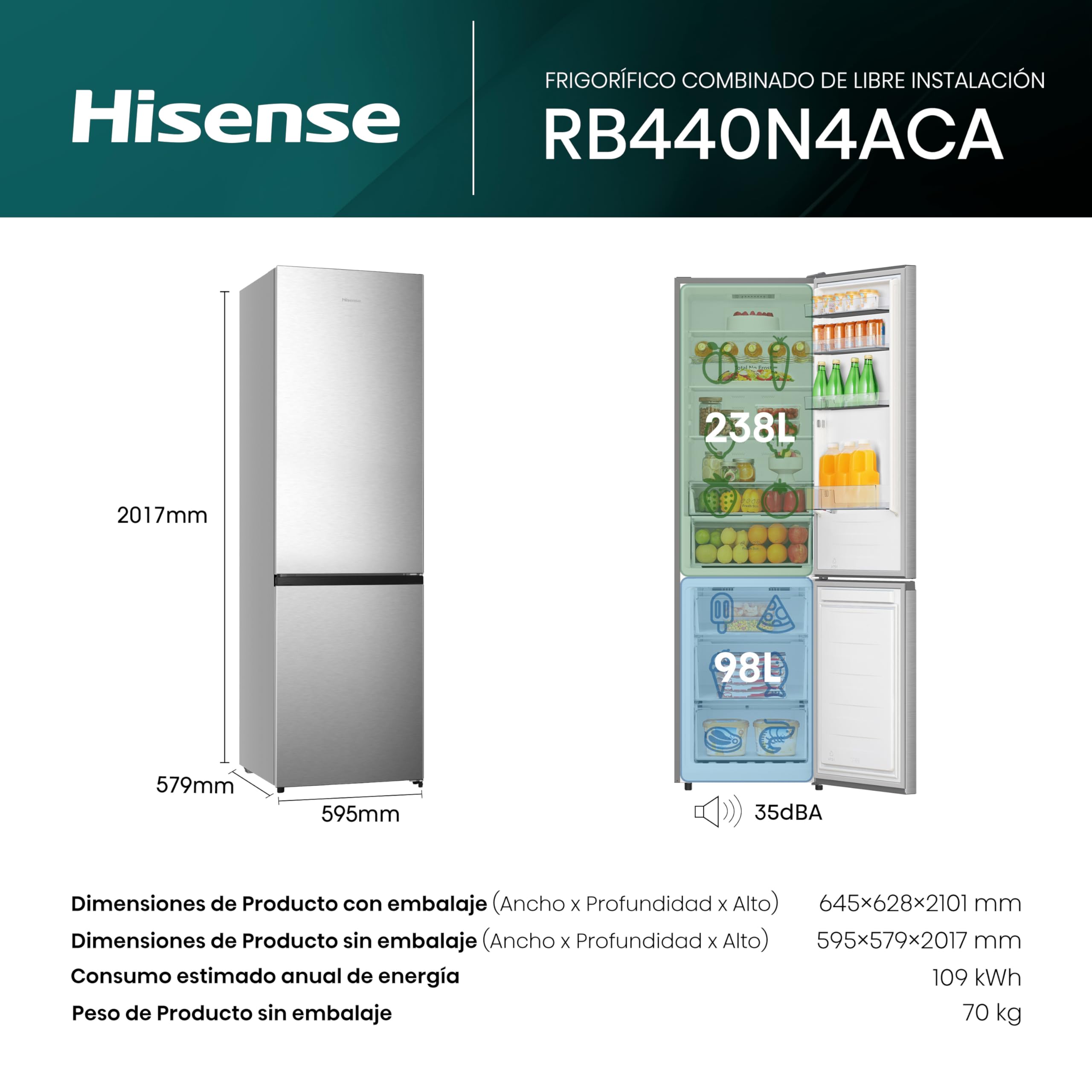 Hisense RB440N4ACA - Frigorífico Combi, Eficiente Clase A, Capacidad 336 L, Multi-air Flow, Micro Vents Cooling, Congelamiento Rápido, Total No Frost, Puerta Reversible, Color Inox