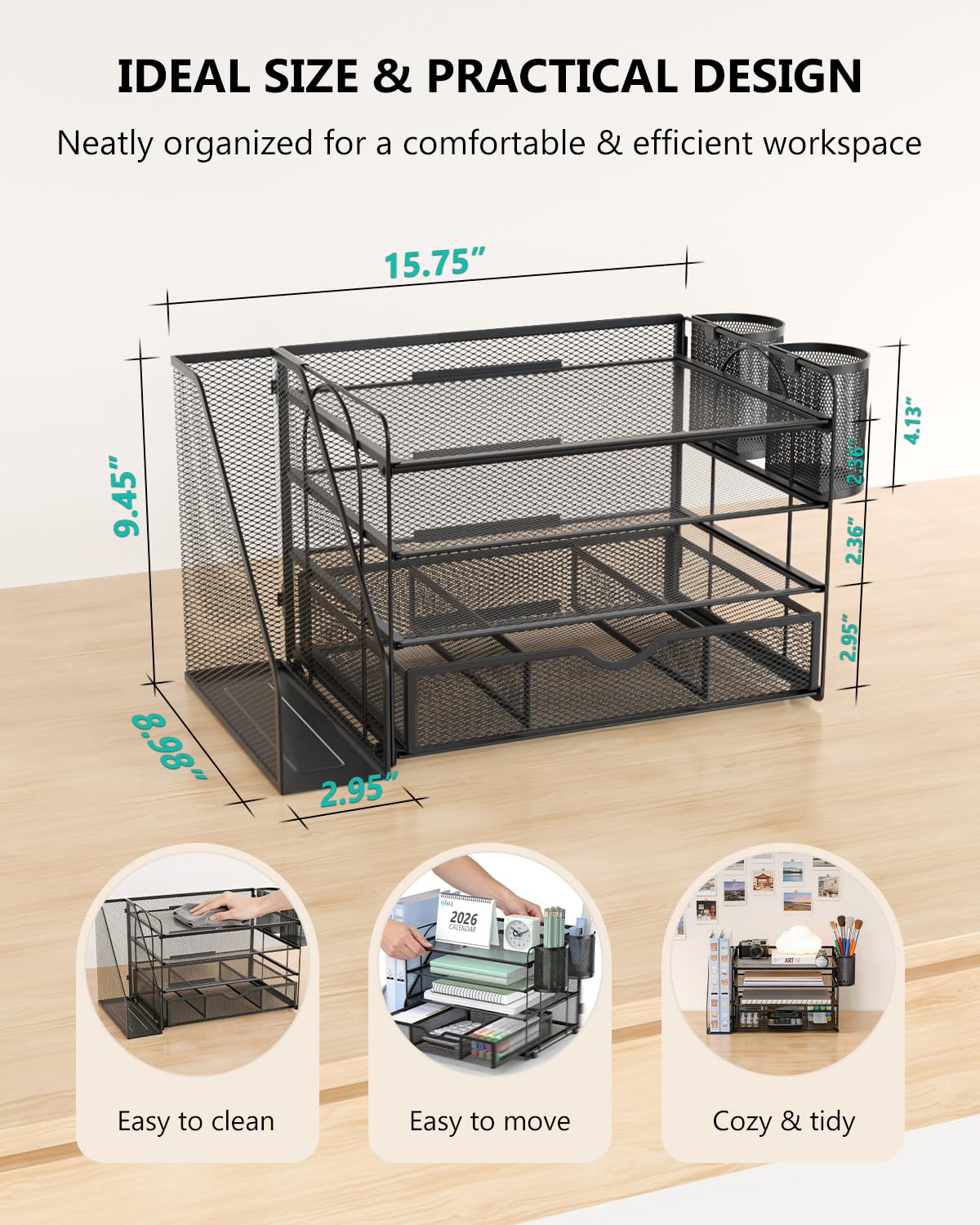 WALI Desk File Organizer, 4 Tier Desktop Paper Letter Tray Organizer with Drawer and 2 Pen Holders, Office Desk Accessories & Workspace Organizers for Office, Home Supplies(DO005DH-B), 1 Pack, Black view 8