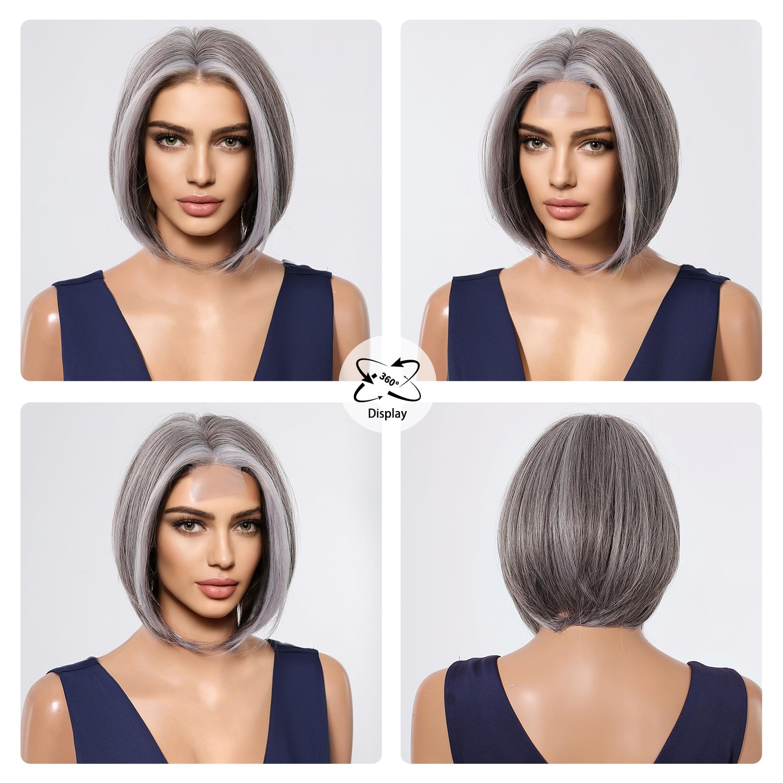 testar Graue Perücken Für Damen Kurzer Graue Bob Perücken Mit Blonden Strähnchen 12 Zoll Natürlicher Spitzenhaaransatz Silberne Perücken Hitzebeständige Perücke Für Mädchen Cosplay (Grau)