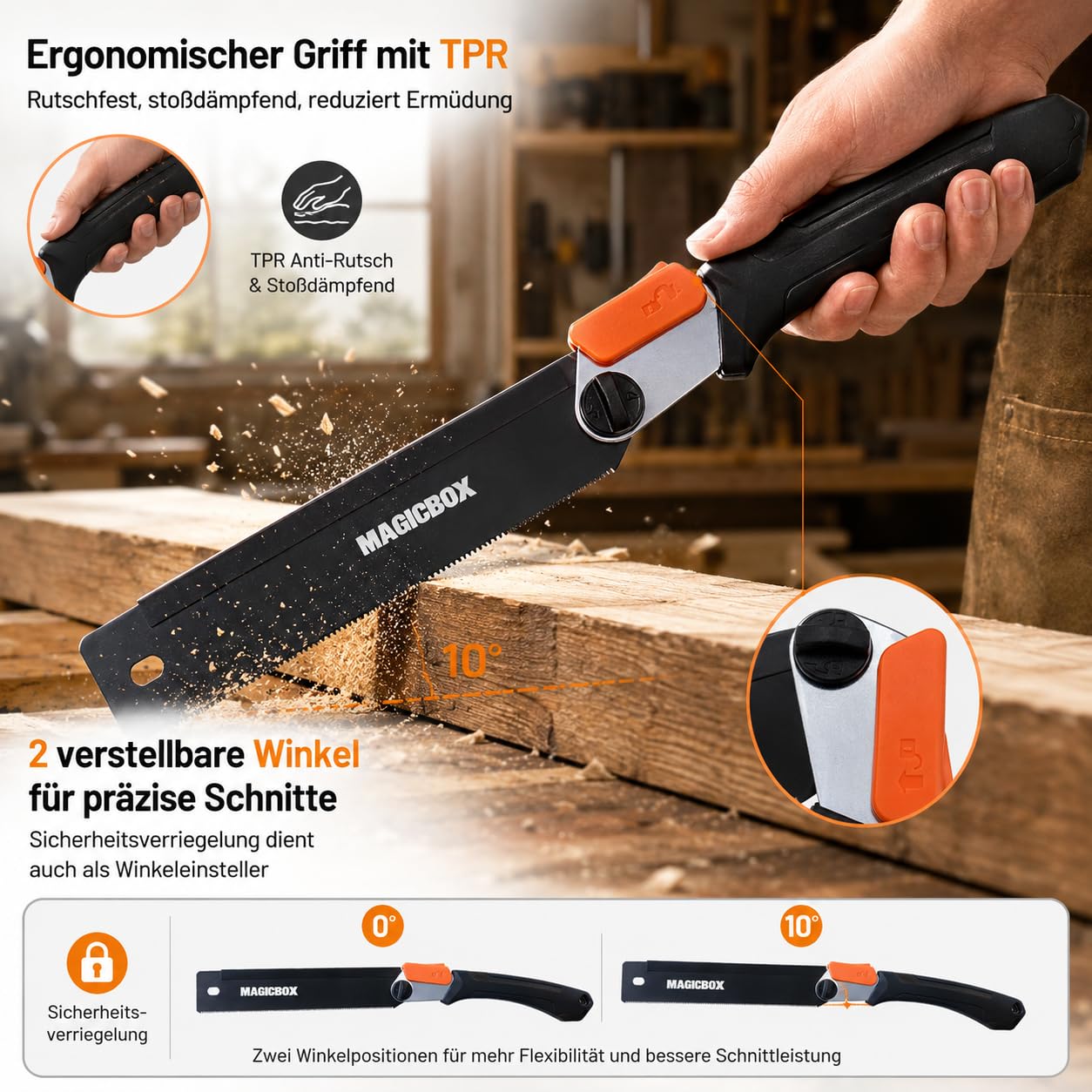Magicbox Klappsäge Set mit 4 austauschbaren SK5-Sägeblättern, Japansäge Klappbar mit Sicherheitsverschluss, 2 Winkelpositionen, rutschfestem Griff & Canvas-Tasche für Holz, Äste, DIY, Outdoor