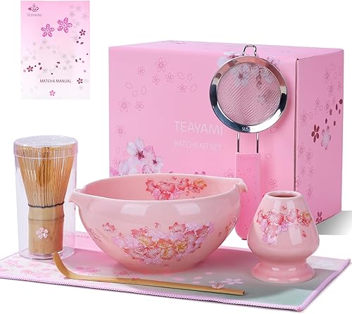 Juego de batidor de matcha, juego de 6 piezas de cerezo rosa con cuenco de doble boquilla, innovador mango de tamiz, batidor y cuchara de bambú