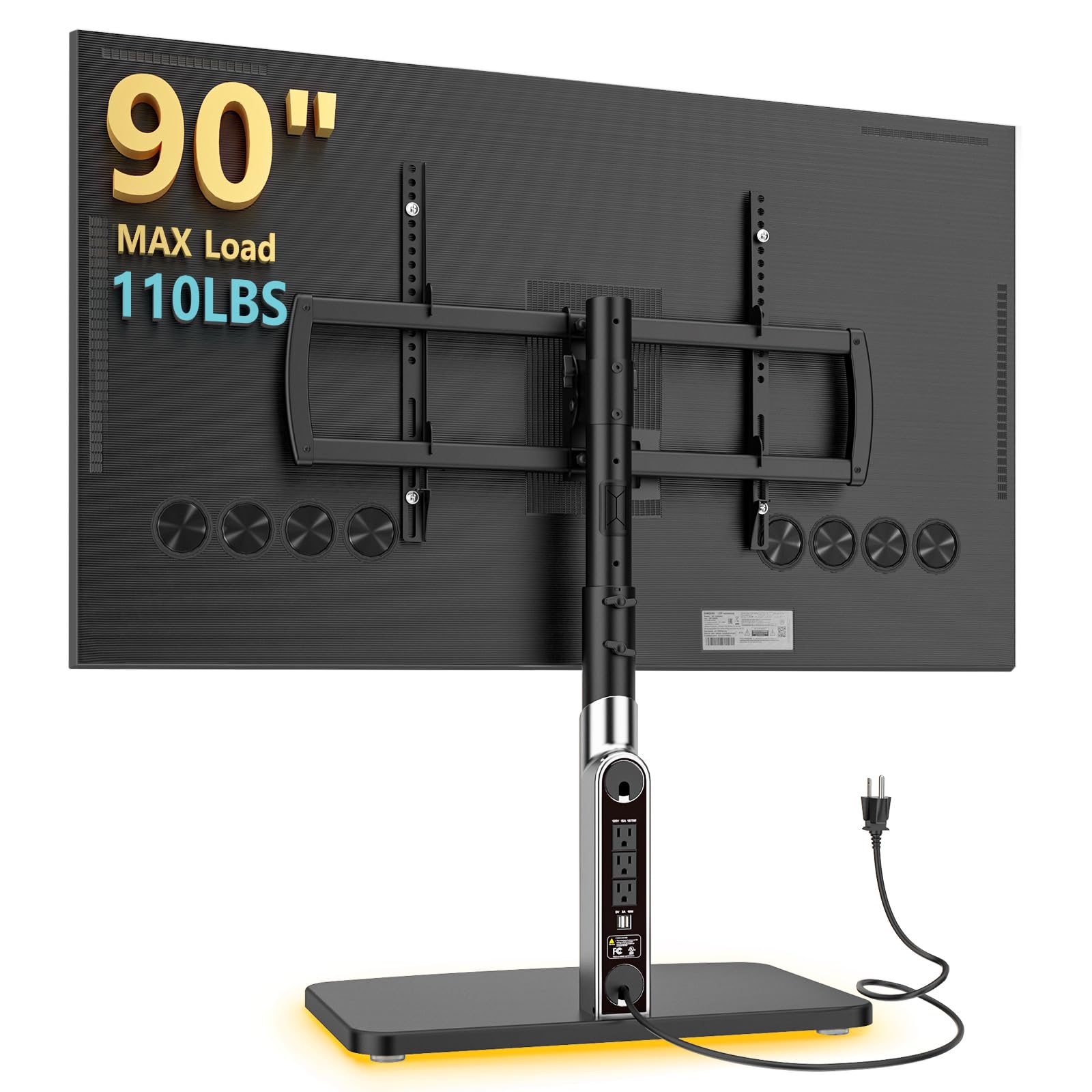 Universal TV Stand Tabletop TV Mount with Power Outlet for 50-90 Inch OLED LED Monitors, 9 Levels Height Adjustment, Ambient Lighting on The Bottom Holds up to 150lbs, Black 600x400mm