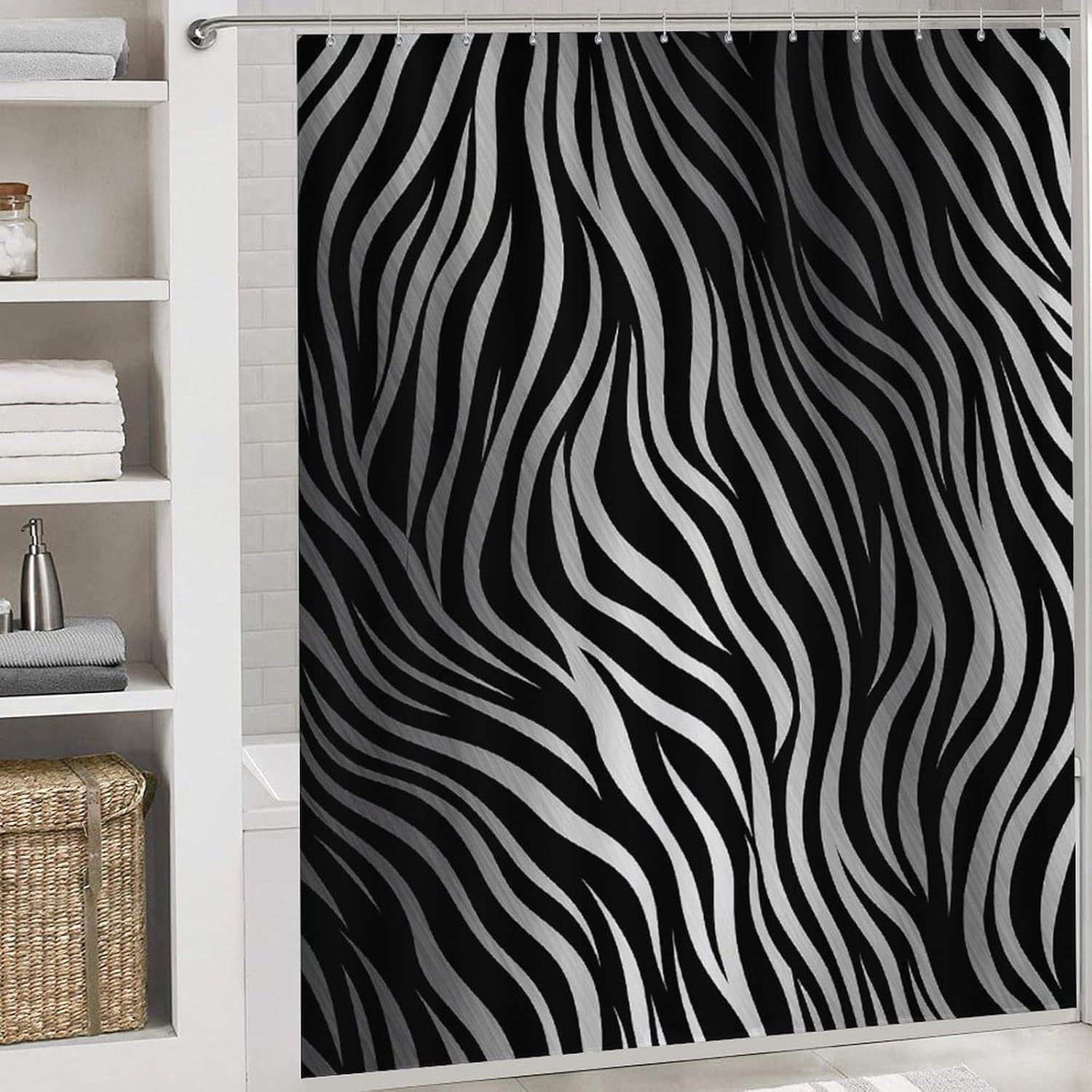 Zebra Print Shower Curtain Set 4 Piece, Non-Slip Bath Mat with Toilet Lid Cover and Waterproof Shower Curtain with 12 Hooks, Complete Bathroom Set for Home Decor