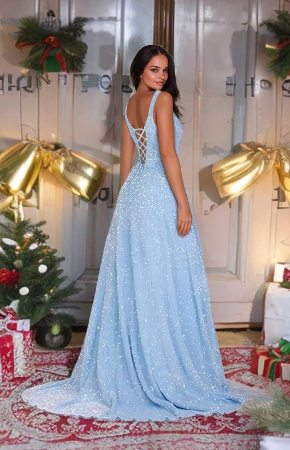 Women's Square Neck Sequins Prom Dresses for Women Spaghetti Straps Formal Party Gowns