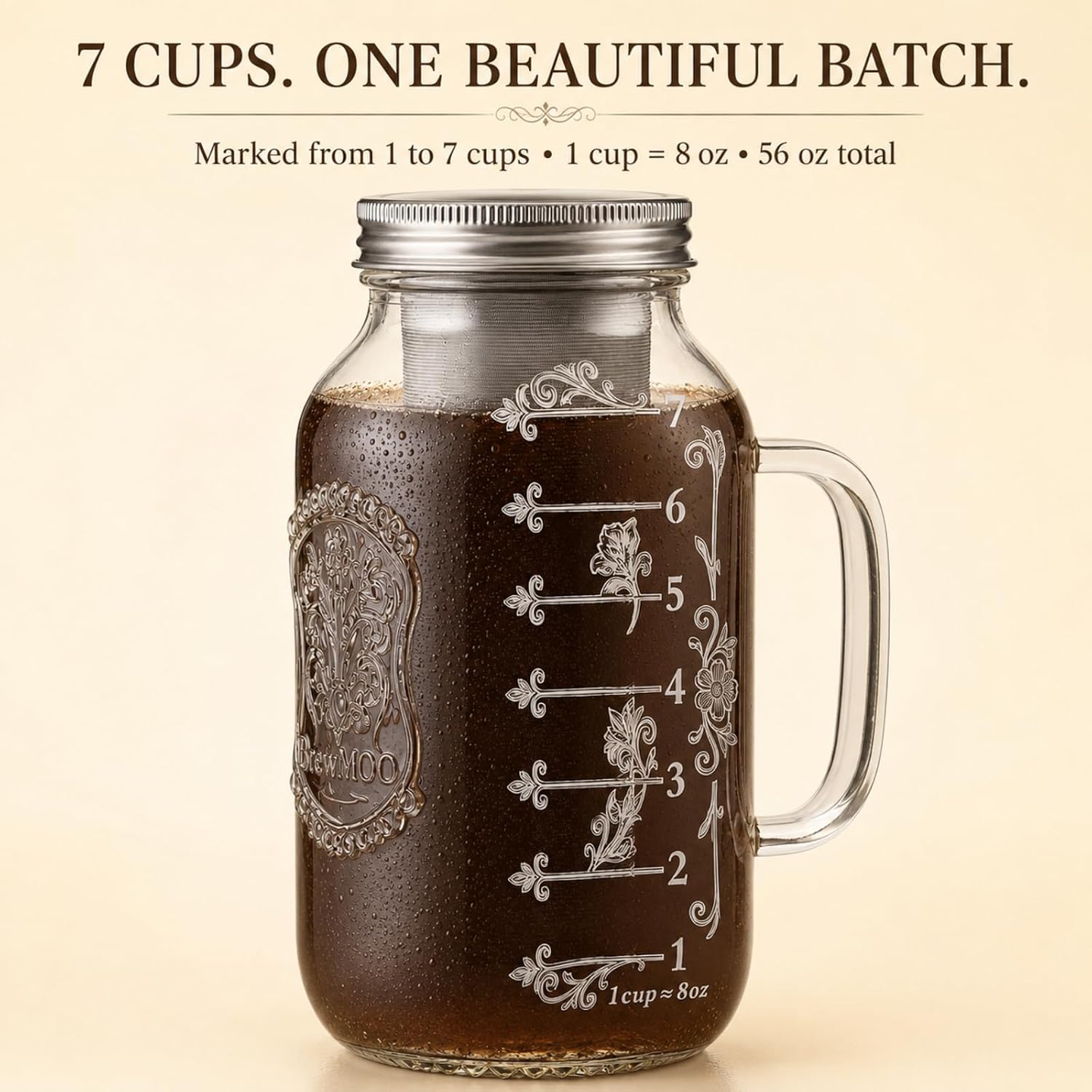 Airtight Cold Brew Coffee Maker, 56oz Vintage Mason Jar with Handle