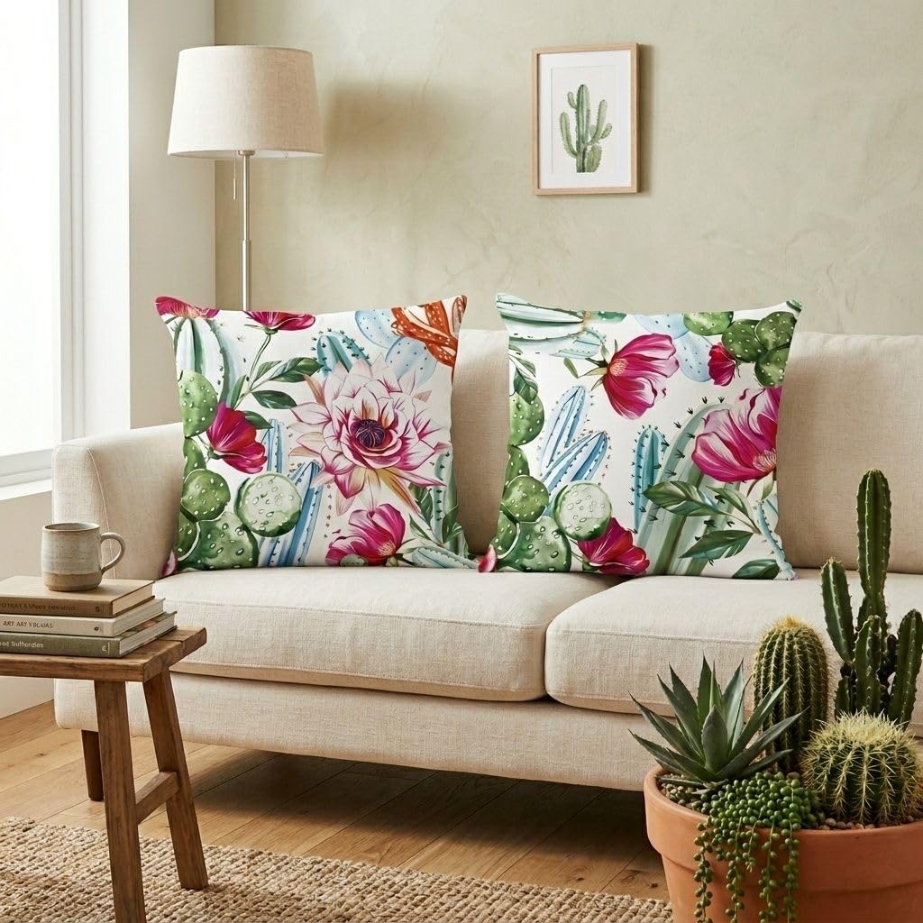 Pack 4 Fundas de Almohada 45x45cm Flores Vibrantes, Terciopelo Suave, Cojines Decorativos con Cremallera Invisible para Sofá y Dormitorio
