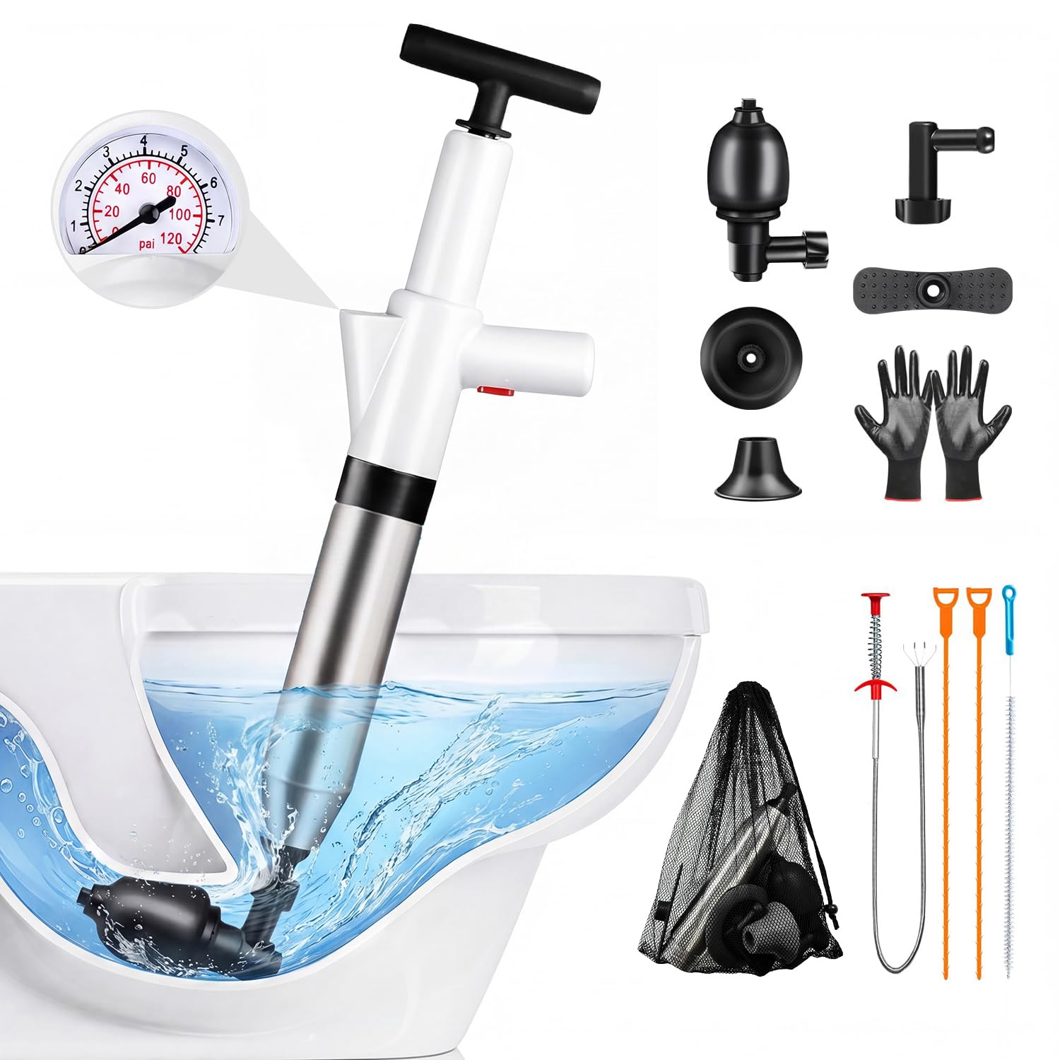 Desatascador de inodoro de alta presión rápida con barómetro, herramienta de desatasco y desatascador de drenaje de aire resistente para baño, inodoros, fregaderos, bañeras, tuberías, kit de