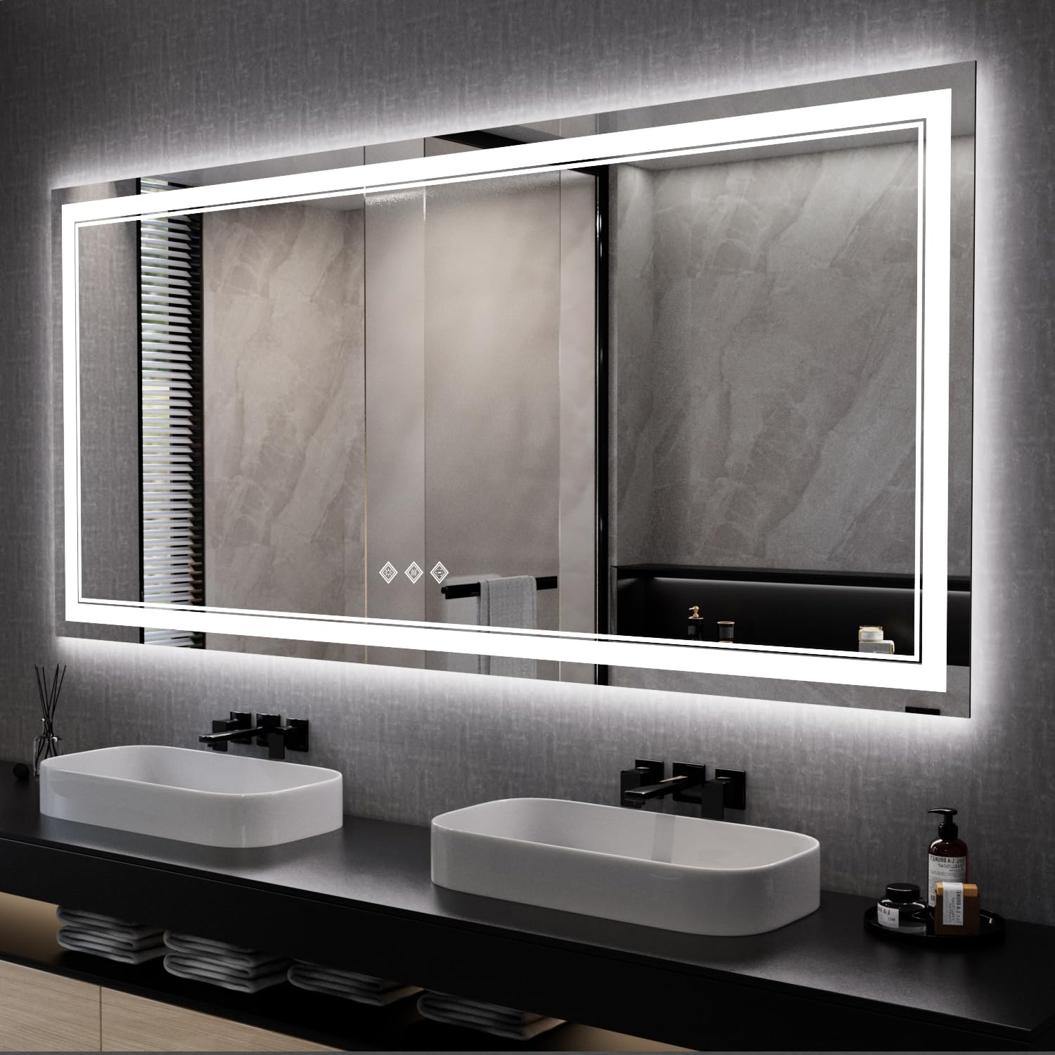 Big Bathroom Mirror, 84x40 Inch Gradient Front and Backlit Lighted Mirror, 3 Colors Dimmable CRI>90 Double Lights, IP54 Enhanced Anti-Fog, Wall Mount LED Vanity Mirror