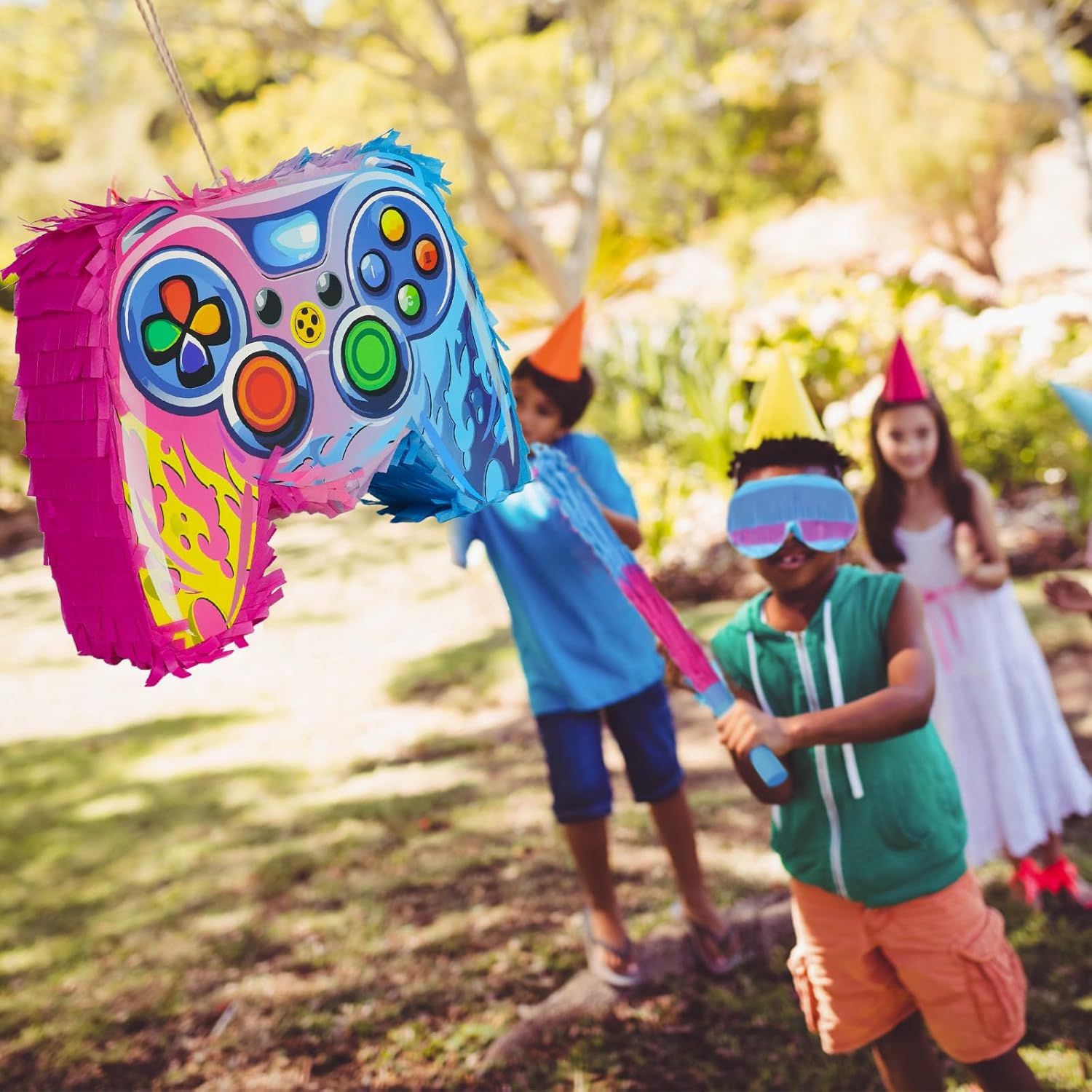 Game Controller Pinata with Stick Blindfold and Confetti | Video Game Pinata for Birthday Gamer Party Decoration, Party Supplies, 16 Inch