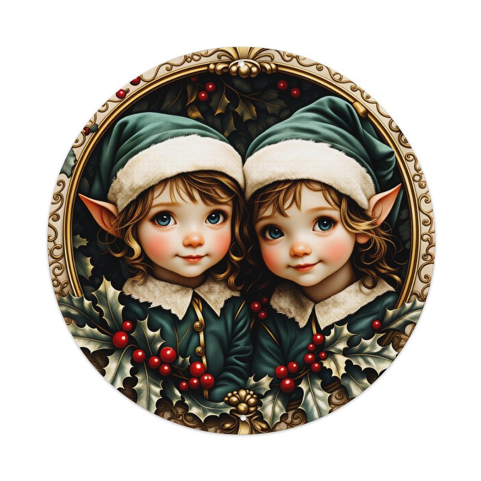 Elf Twins Holiday Berries Holly Art Round Vintage Tin Sign,Retro Wall Art,Metal Poster for Home, Bar, Garage, Cafe, Rustic Indoor & Outdoor Decor, 8x8 Inches