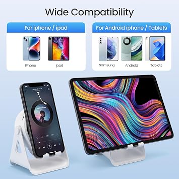Induction Speaker with Phone Holder - Wireless Charging Stand with Bluetooth Speaker & Atmosphere Lights, Multi-functional Phone Stand Compatible with iPhone Android for Home Office (White)