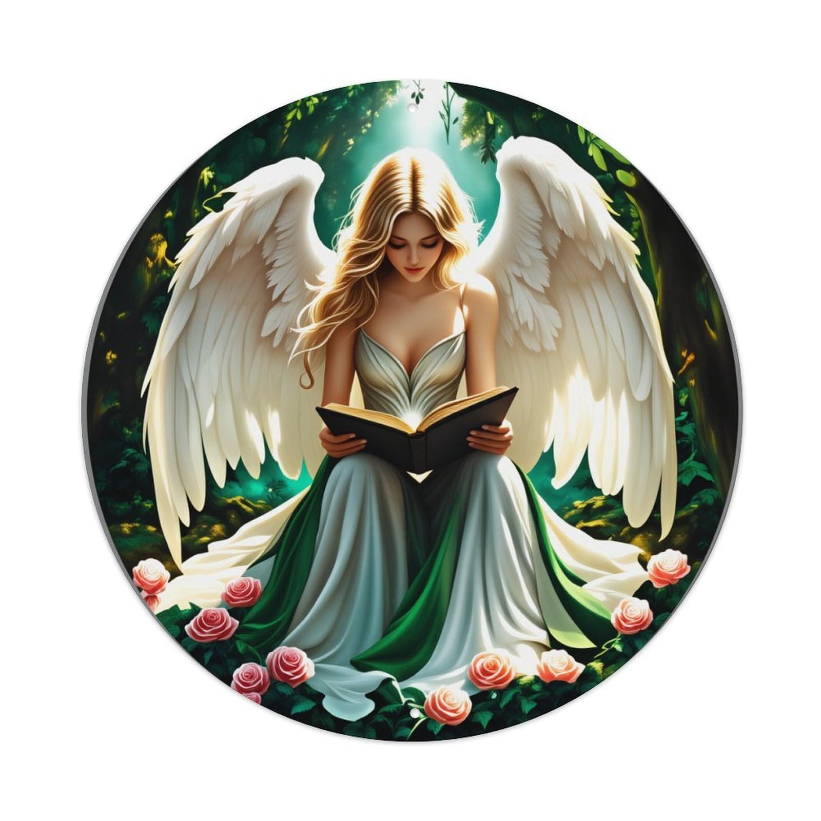 Angel Reading Book In Forest With Roses Metal Tin Sign Plaque