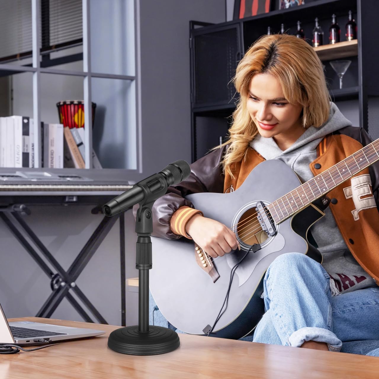 YARNOW Desktop Microphone Stand with Mic Clip Adjustable Mic Stand Desk Holder 14.17 in Stable Table Clip for Live Chat Conference Speech Recording image 3