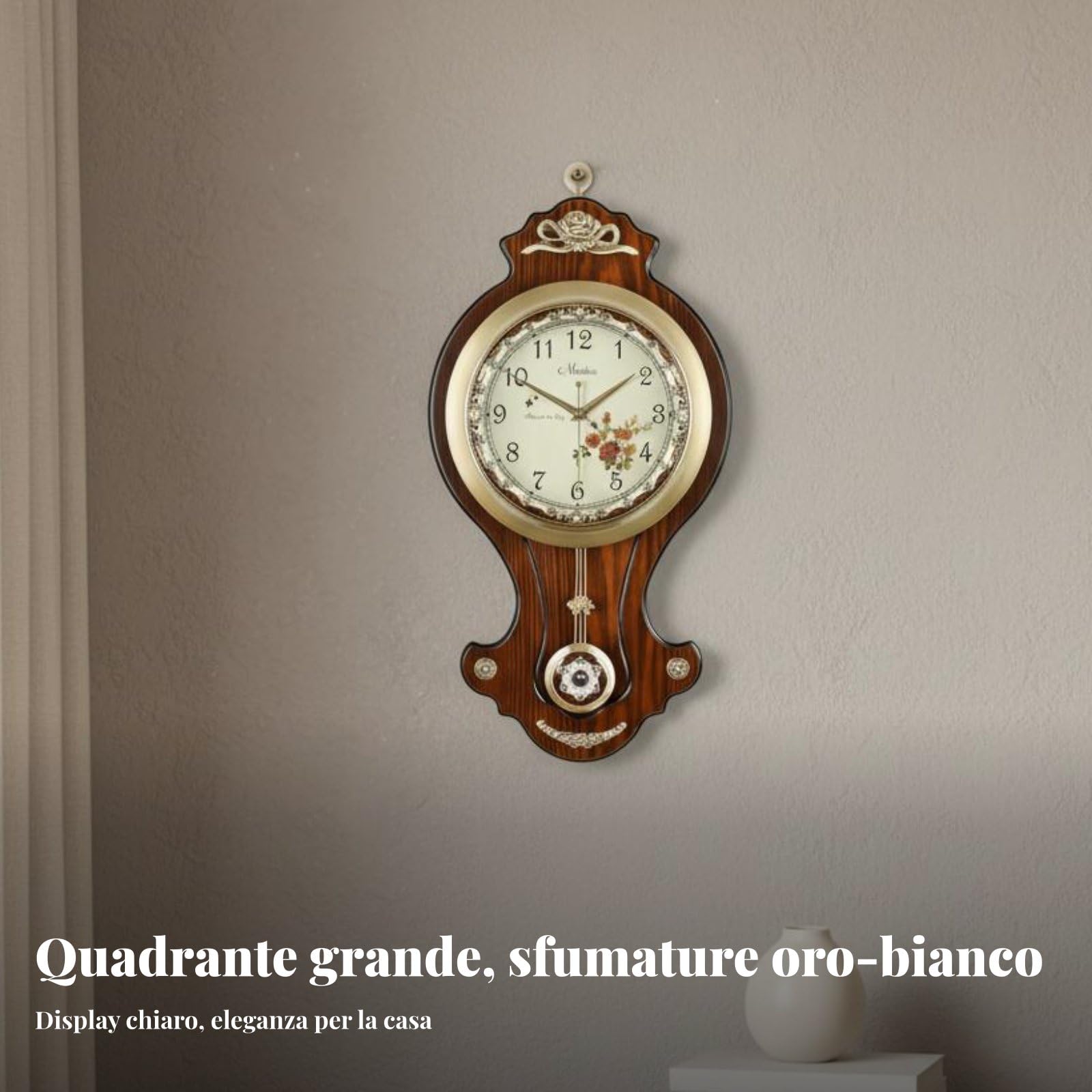 Orologio da Parete Vintage Orologio Sveglia Pendola Quadrante in Vetro Chiaro con Pannello Effetto Legno Telaio Metallico Durevole Funzione Silenziosa, 8270B