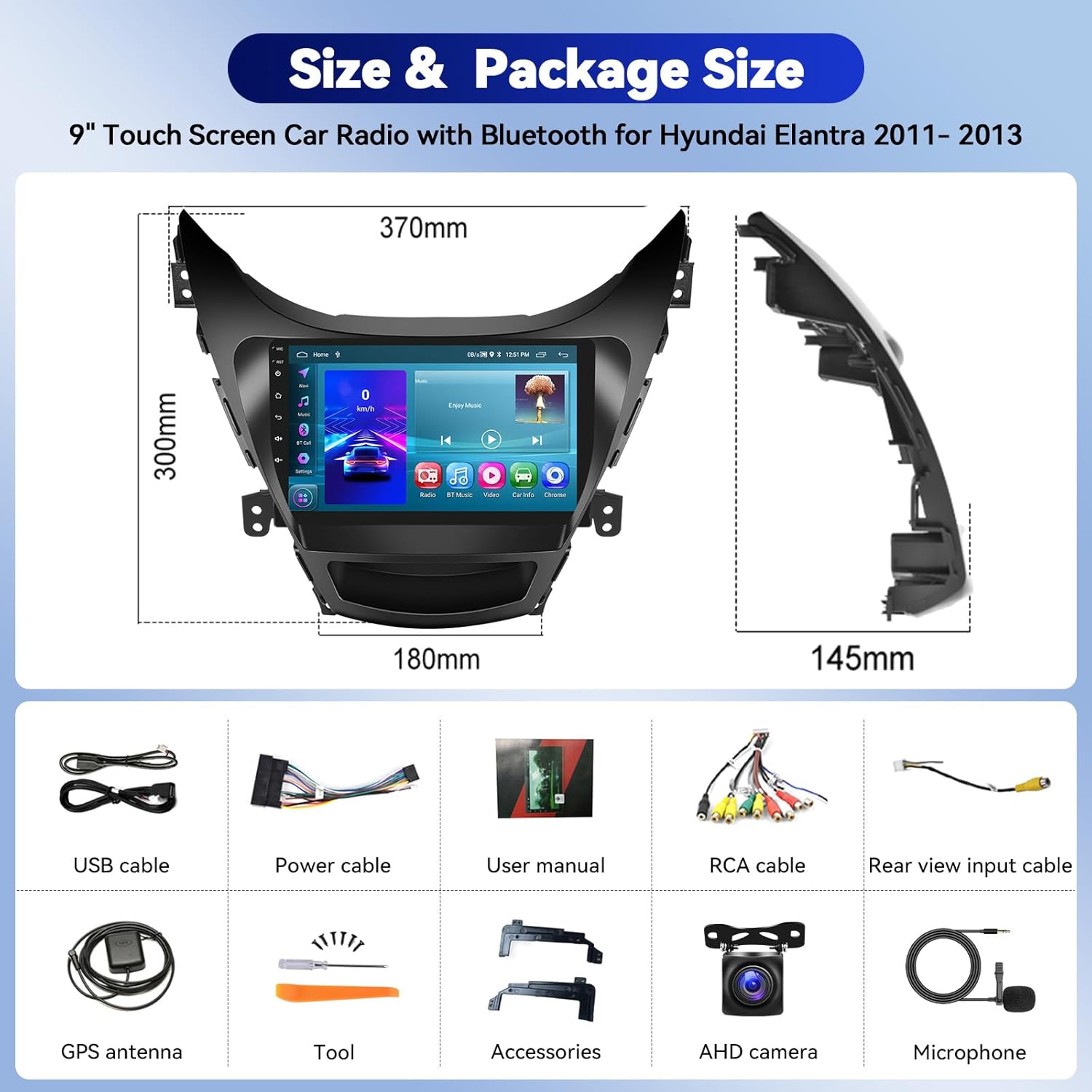 for 2011 2012 2013 Hyundai Elantra Android 15 Car Stereo Wireless CarPlay Android Auto Mirror Link, 9 inch Touch Screen Radio 2+64G GPS Navi WiFi Bluetooth RDS FM SWC+AHD Backup Camera
