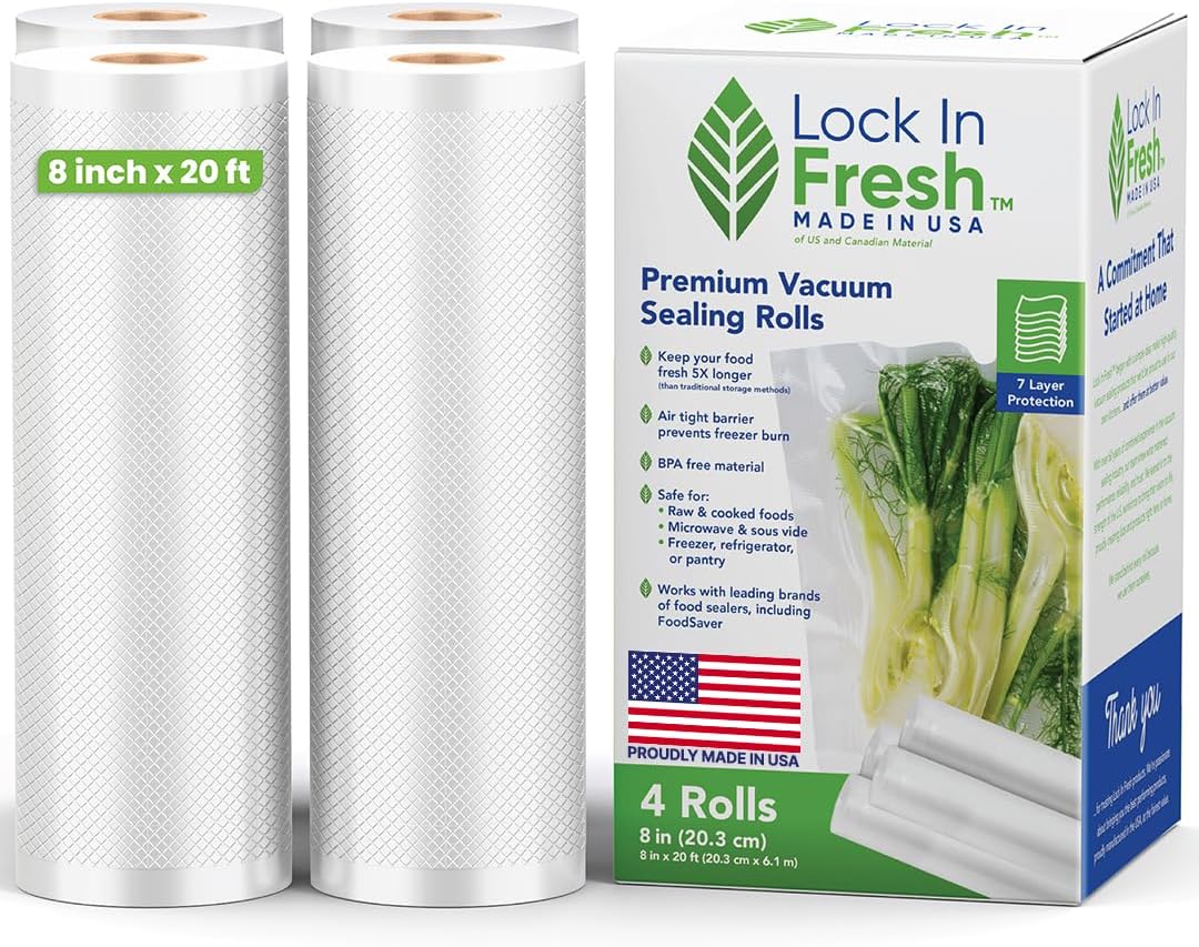 Vacuum Sealer Bags for Food - Heavy Duty Food Saver Vacuum Sealer Bag Rolls - Sous Vide, Seal a Meal Bags, 4-pack, 8" x 20' - Made in the USA