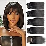Selina Brazilian Virgin Hair 4 Bundles Human Hair 8 8 8 8 Inch With Lace Closure Human Hair 10 Inch Hair Extensions For Women Natural Black Color (8 8 8 8 with 10 Closure)