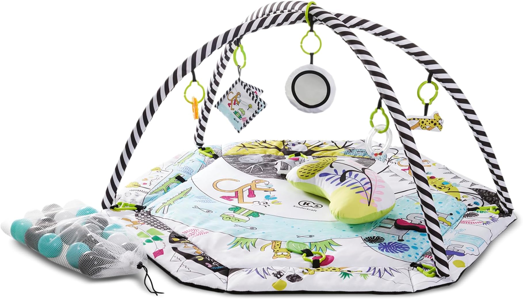 Kinderkraft Baby Playmat SMARTPLAY, Educational Mat, Activity Play Gym, with Ajustable Fitness Frame, Playpen Function, Accessories, Hanging Rattle, 5 Toys, 30 Balls, for Newborn, Suitable from Birth
