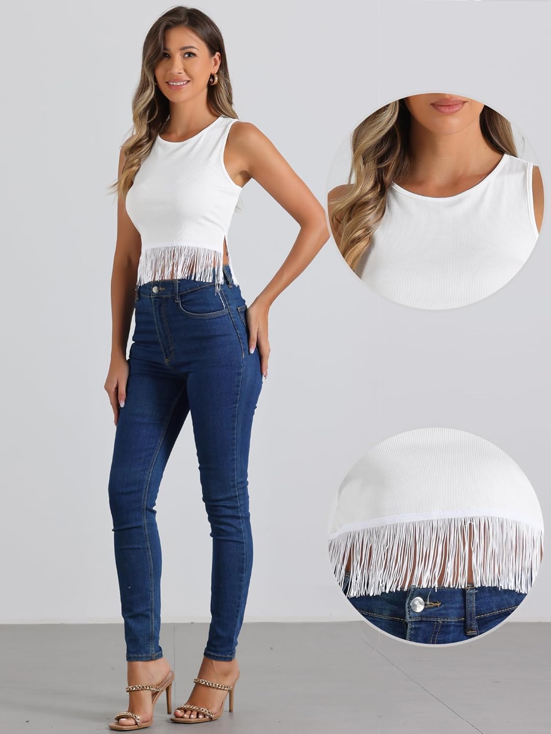 Allegra K Fringe Tank Top for Women's Casual Sleeveless Tassel Racerback Ribbed Knit Crop Tops - Image 2