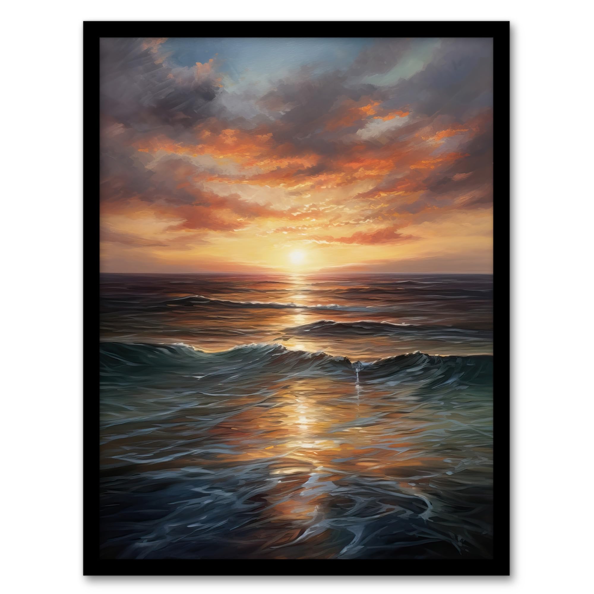 Artery8 Tranquil Seascape Sunset Ocean Waves On Sea Oil Painting Artwork Framed Wall Art Print 18X24 Inch