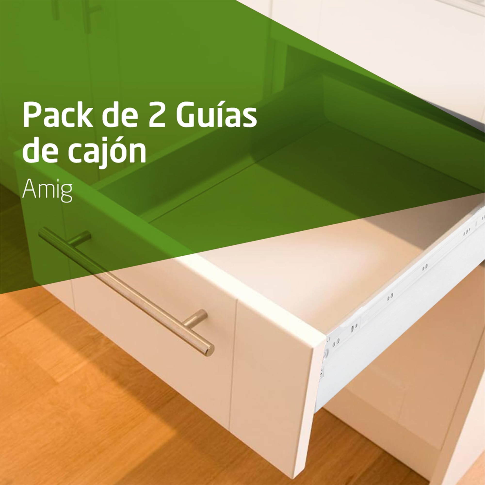 Amig - Juego de 2 Guías Correderas Metálicas Mod.30 con Ruedas y Lateral de Cajón Incluido para Cajones de Muebles, Cajoneras o Armarios - De Acero Acabado en Blanco - Medidas: 86 x 500 mm