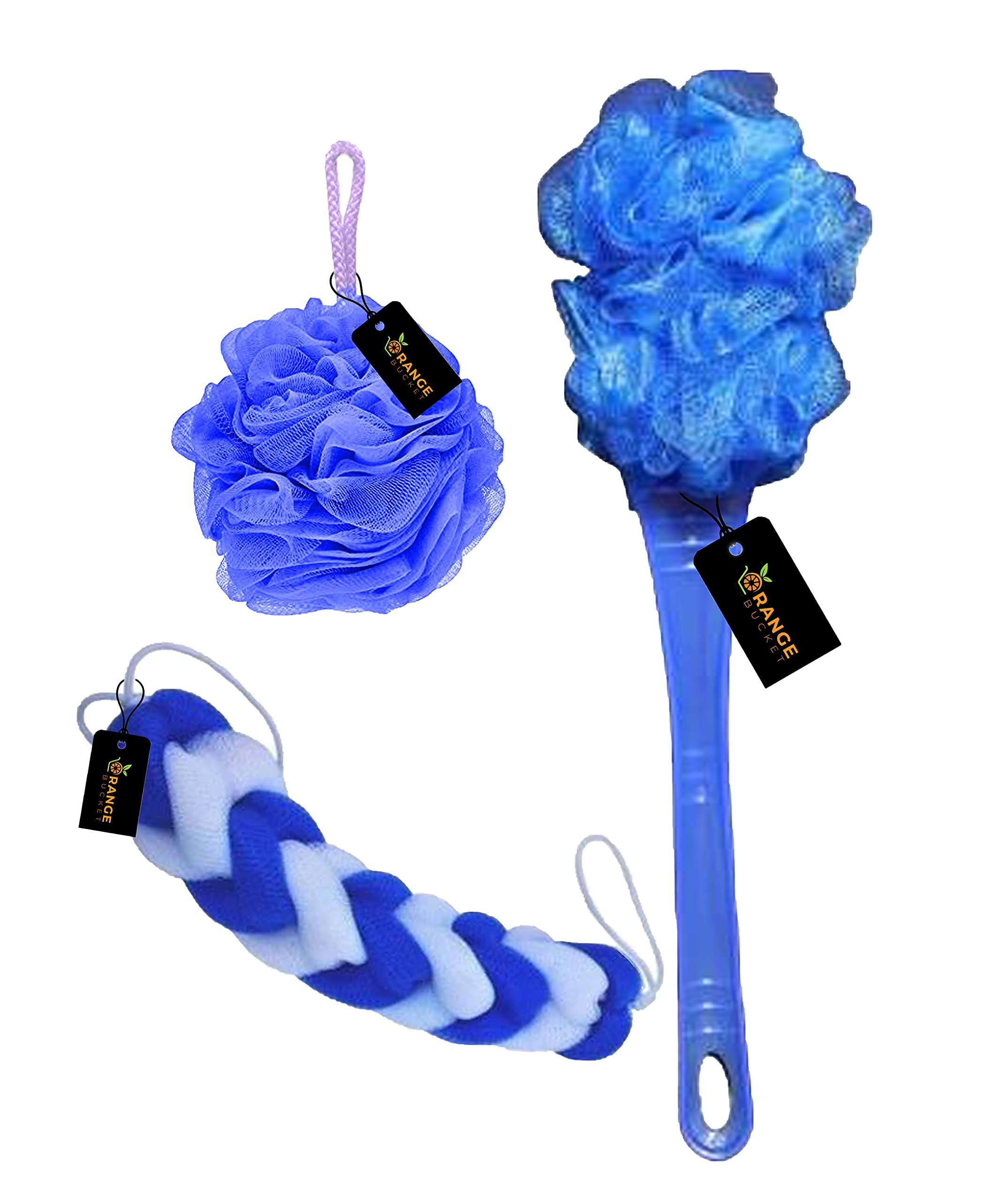 Bath Combo Back Scrubber Bath Belt Long Loofah + Round Loofah + Handle Loofah For Men And Women (1 Piece Each) (Blue)-image-30