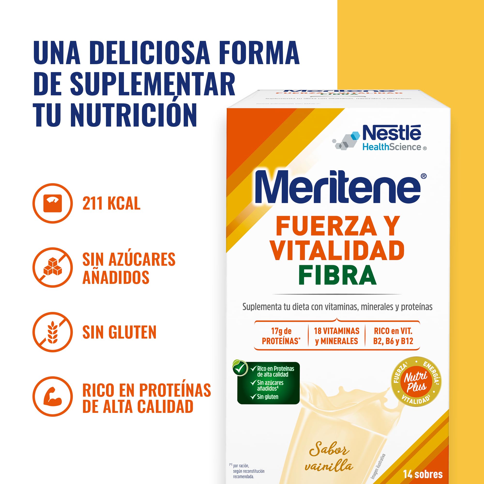 Meritene | Fuerza y Vitalidad Fibra | Sabor Vainilla | Fuerza para tus Músculos, Vitalidad para ti | Solución Nutricional Adultos con Fibra, Proteínas, Vitaminas y Minerales| 14 Sobres| 490 gr