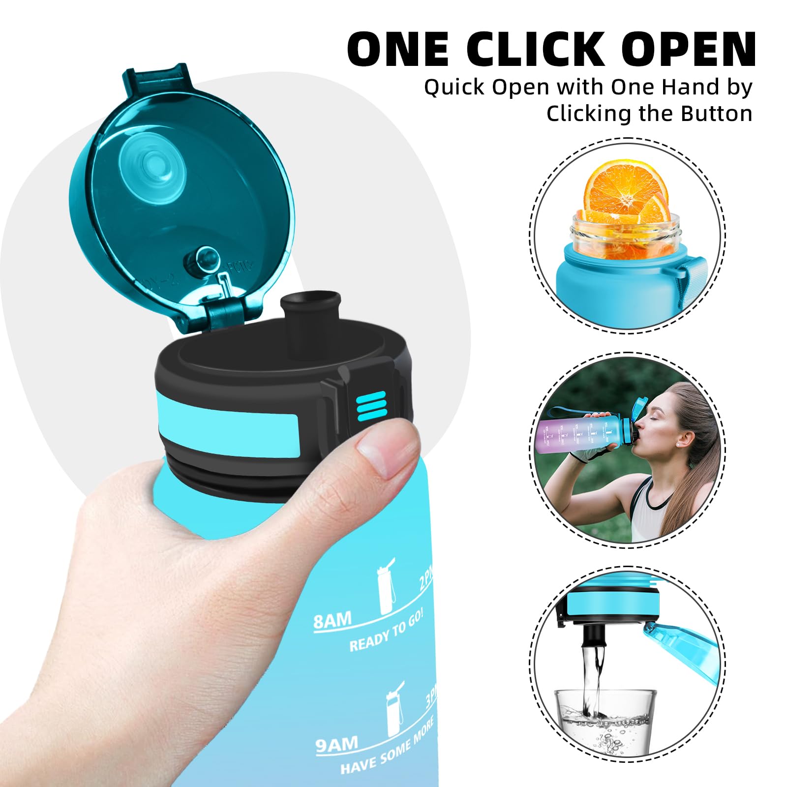 Borraccia 1,5 litri, Borraccia Palestra, Borracce Senza Perdite, Borracce Motivazionale, Facile da Pulire, Bottiglia Orari, Bottiglia Graduata, Facile da Trasportare, per Fitness, Corsa, Escursionismo