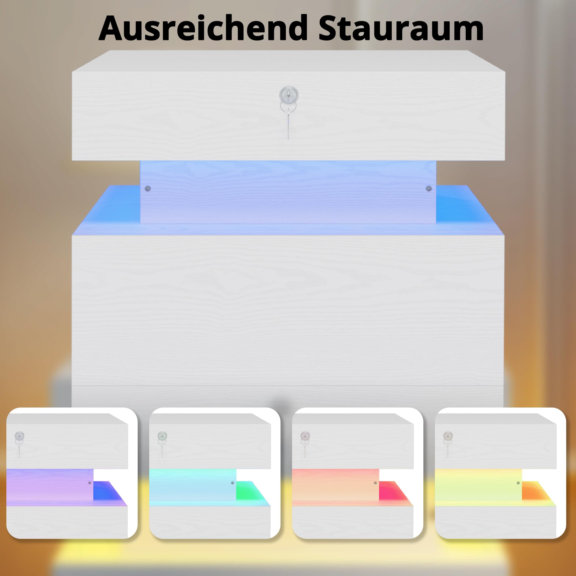 IRONCK Nachttisch, Nachtschrank mit LED-Beleuchtung, Beistelltisch mit 3 Schubladen, 1 USB- & 1 Typ-C-Anschluss und Schloss, Sofatisch für Wohnzimmer, Schlafzimmer, Weiß