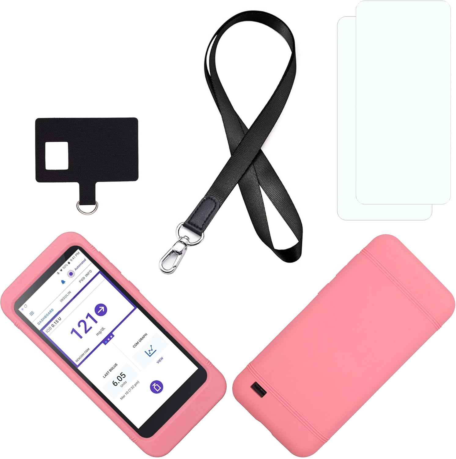 Premium Silicone Case (Includes Lanyard + Lanyard Patch + Screen Protector) for Omnipod 5 Receiver (Continuous Glucose Monitoring) (Pink)
