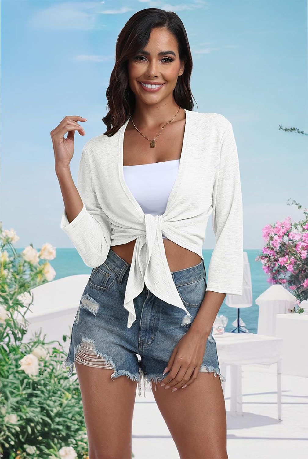 PrinStory Women's Tie Front Shrug 3/4 Sleeve Bolero Cardigan Lightweight Summer Casual Short Shawl Top S-4XL - Image 3